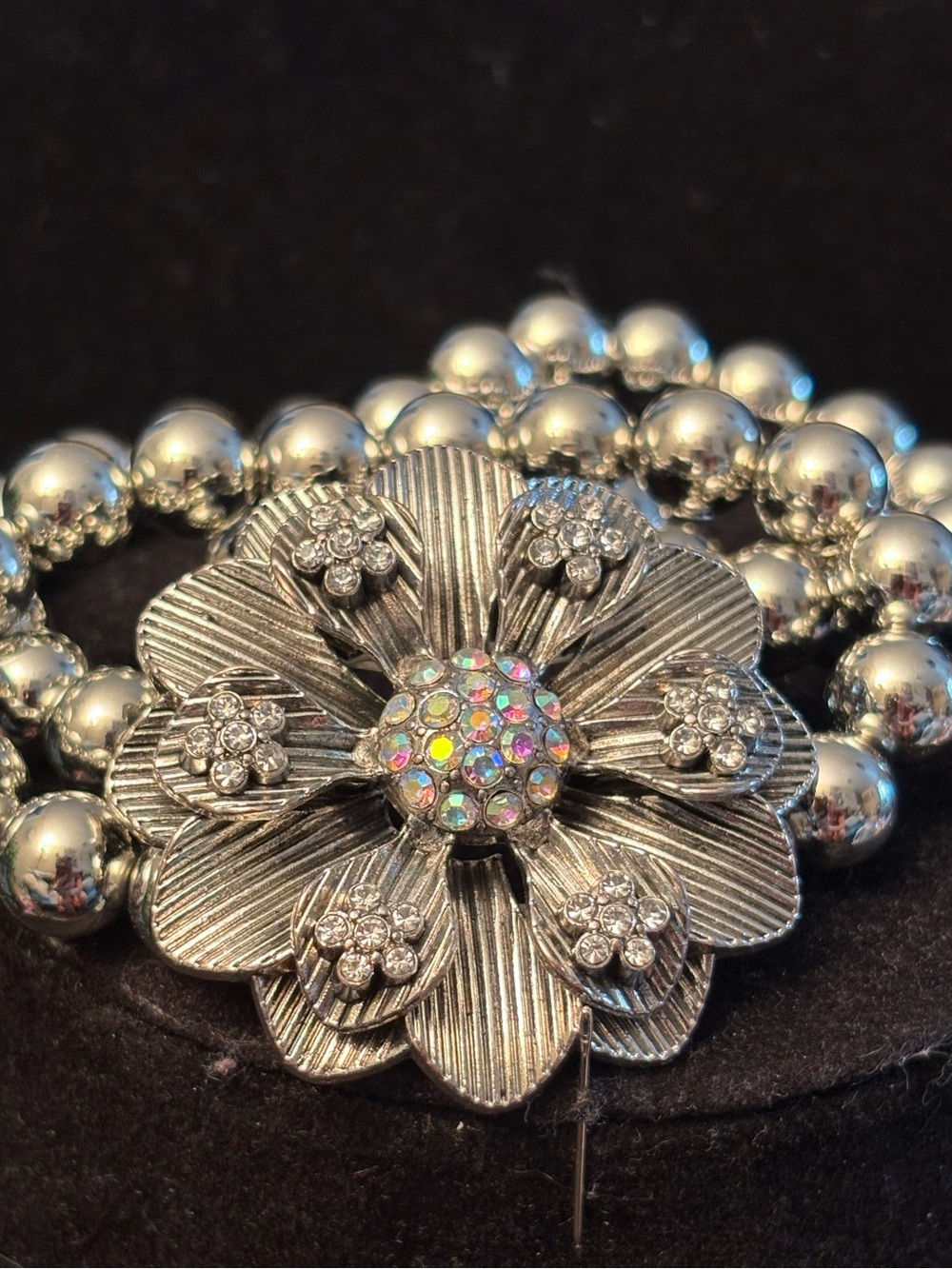 paparazzi Silver Floral Brooch with Iridescent Center